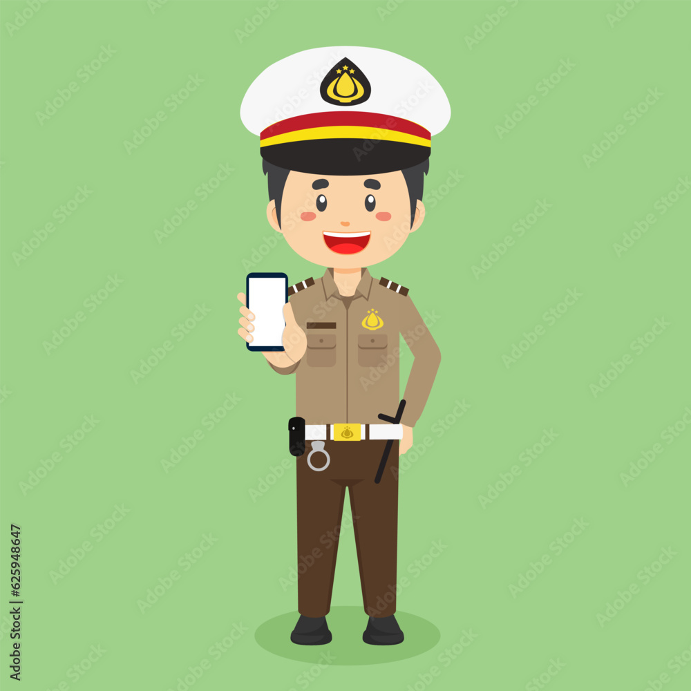 Indonesian Police Character Hold The Phone