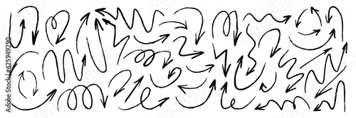 Pencil arrows hand drawn in charcoal. Scribbling of curved chalk arrows. Texture design elements of chalk scribble lines. Hand-drawn chalk lines vector illustration.