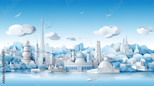 World tourism day background to generate 3D landscape illustrations such as planes, ships, cities, travel boxes,AI generated. #625949419