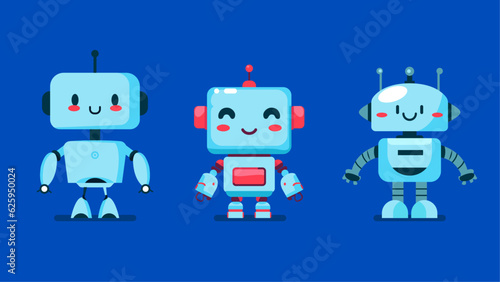 cute robot in different shapes  character designs set  cartoon friendly mascots  collection of mechanical toys  flat character vector illustration