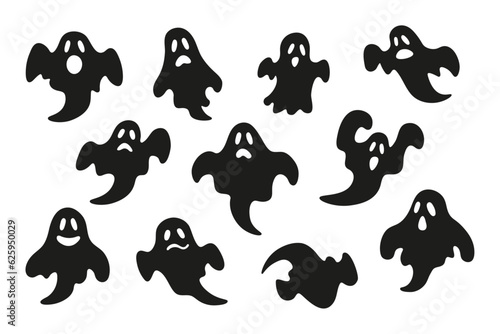 Black ghost set. Halloween clipart on transparent background.
