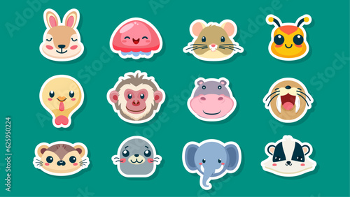 Set of stickers of cute wild animals faces, kangaroo, Lamp, mouse, hamster, bee, wasp, turkey, baboon, hippopotamus, seal, Weasel, elephant, skunk, flat vector illustration 

