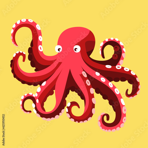 Red octopus on the beach, Aquatic animal mascot logo, squid swimming with different shapes, character designs set, flat character vector illustration photo