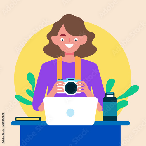 Beautiful girl holding a camera, doing a review in front of laptop, influencer shooting vlogs, successful woman working as a freelancer from home remotely, flat  avatar character vector illustration