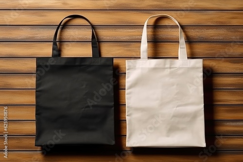 Two mockup tote bags, one black and one white. Plain canvas tote bags with a minimalist wooden brown background.