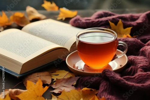 Autumn, fall leaves, cup of tea, opened book and warm scarf on wooden table. Seasonal, book reading, Sunday relaxing, teatime and still life concept. created generative ai.
