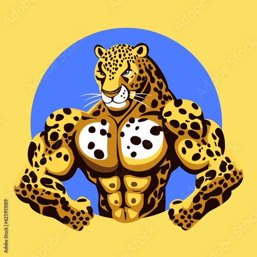 Strong leopard animal showing his muscles, jaguar mascot logo, different shapes, character designs set, angry huge panther with athletic body, flat character vector illustration
