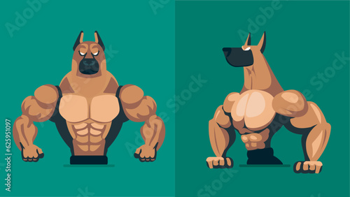 Strong german shepherd dog animal showing his muscles, mascot logo, different shapes, character designs set, angry huge dog with athletic body, flat character vector illustration