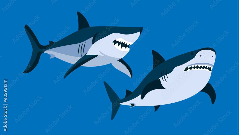 Obraz premium Two strong sharks swimming under water, fish mascot logo, different shapes, character designs set, angry huge shark with scary jaw, flat character vector illustration