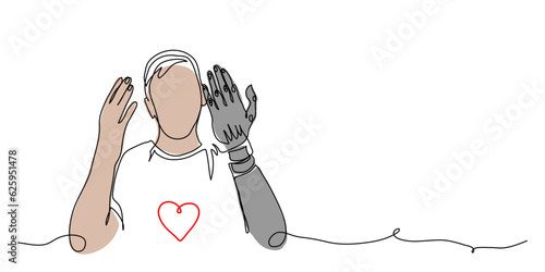 Man demonstrates prosthetic arm, hand, limb prosthesis. One continuous line art drawing, vector illustration of man with prosthetic arm