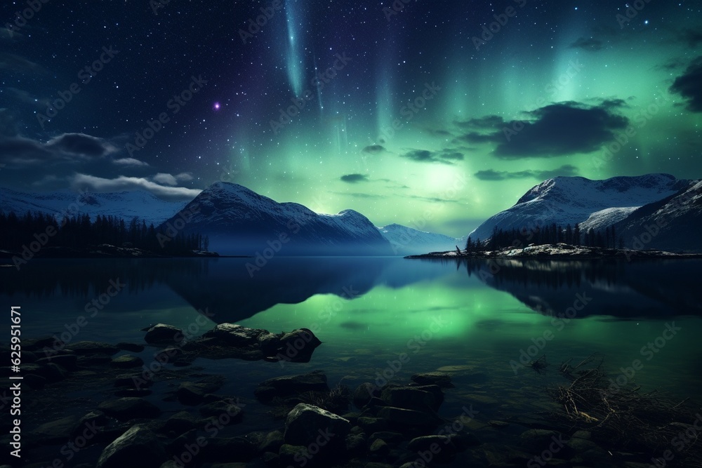 Photography of night landscapes with starry sky and aurora borealis, Generative AI