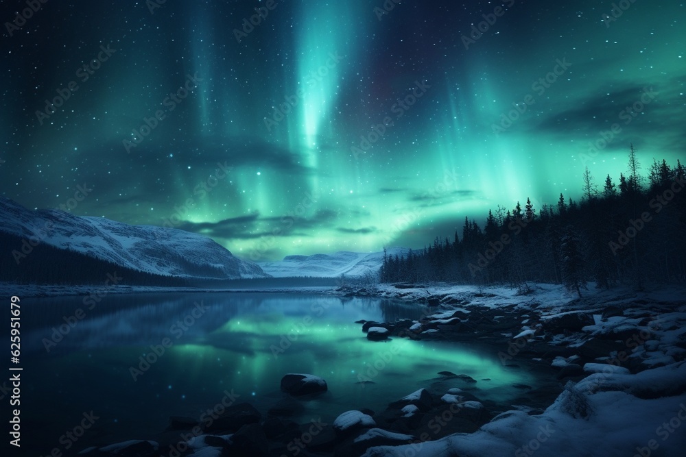 Photography of night landscapes with starry sky and aurora borealis, Generative AI