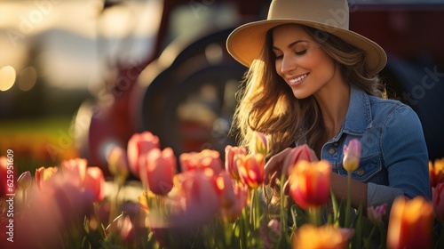 farmer woman grows flowers tulips #625951609