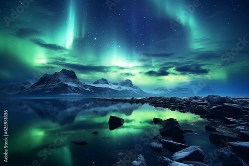 Photography of night landscapes with starry sky and aurora borealis, Generative AI © Nino43