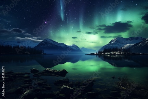 Photography of night landscapes with starry sky and aurora borealis  Generative AI
