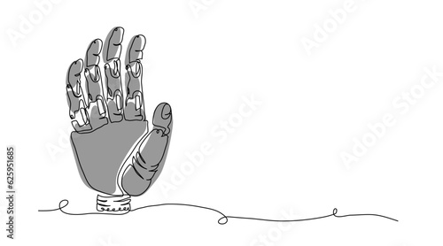 Metal human hand, cyborg droid arm, innovation artificial technology. Vector robotic hand, mechanical arm prosthesis. One continuous line art drawing