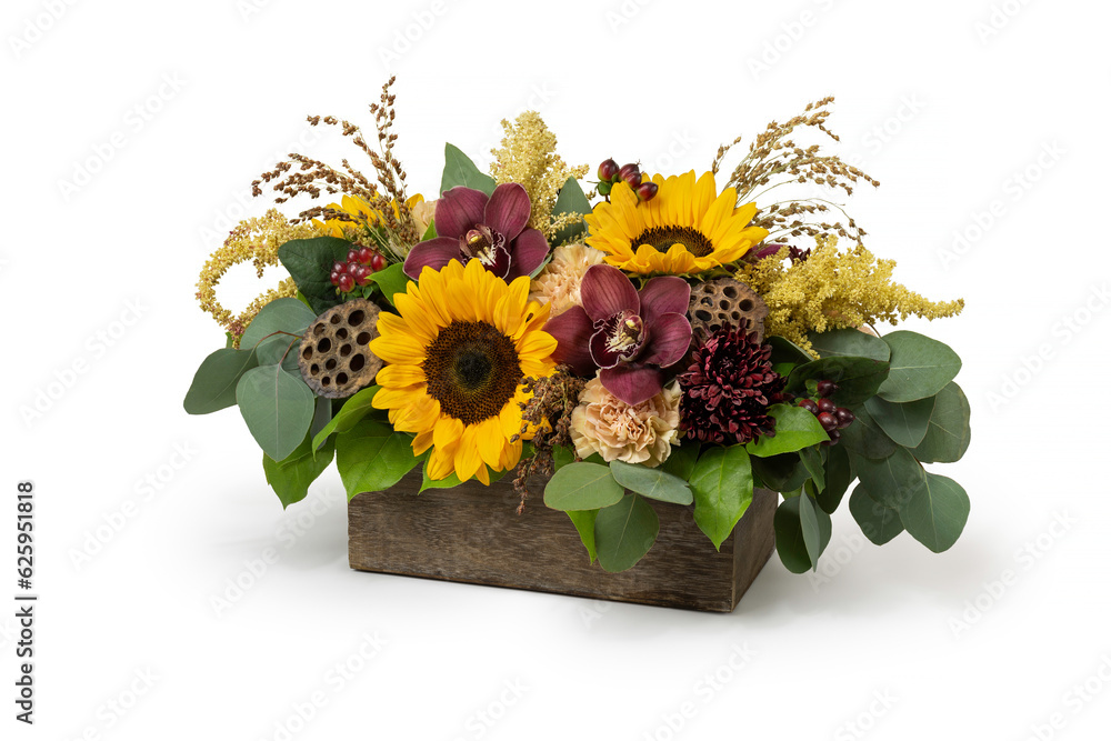 Naklejka premium Floral arrangement with sunflowers in a wood box on white background. Fall Autumn season bouquet of flowers. Professional florist, small business.
