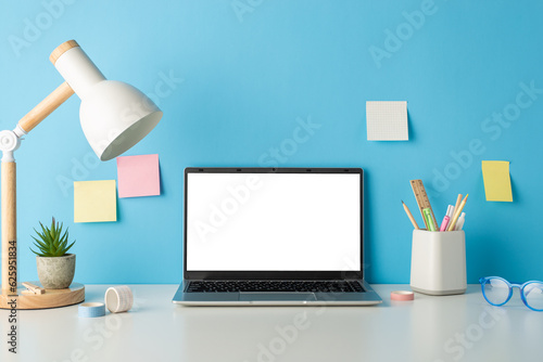 School-themed setup: side view photo of desk furnished with stationery holder, glasses, flowerpot on blue wall background with sticky notes. Empty laptop screen offers perfect space for text or ads