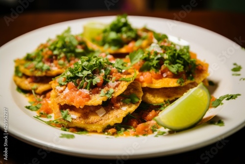 Camarones al Mojo de Ajo presented on a white plate, garnished with fresh green cilantro and accompanied by a wedge of lime