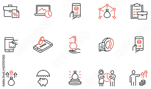 Vector Set of Linear Icons Related to Business investment, Trade Service, Investment Strategy and Finance Management. Mono Line Pictograms and Infographics Design Elements