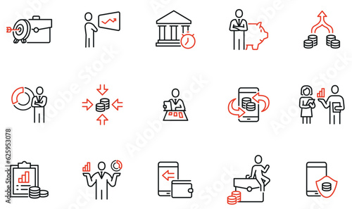 Vector Set of Linear Icons Related to Business investment, Trade Service, Investment Strategy and Finance Management. Mono Line Pictograms and Infographics Design Elements - part 1