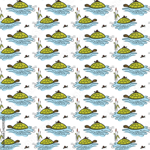 Seamless Repeat Pattern Design with swimming painted turtles in pond with a snail on his shell. Vector background wallpaper (ID: 625953215)