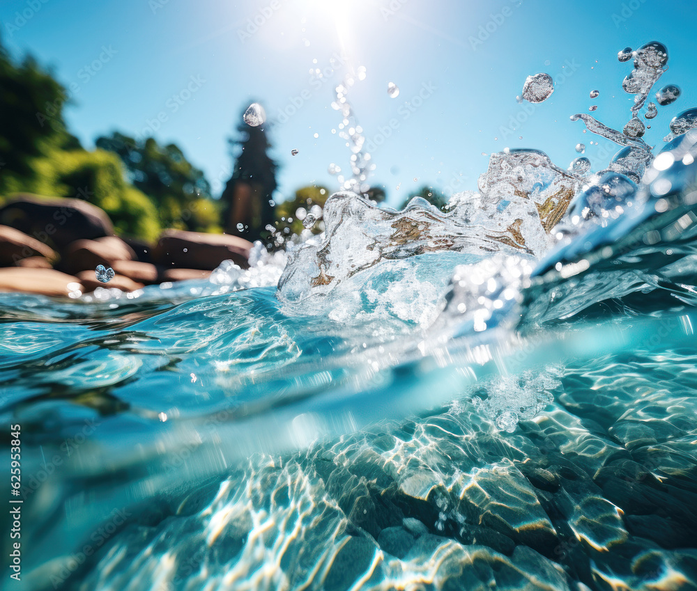 Fototapeta premium A wave of water with flying drops on a sunny day, close-up. Generative AI 