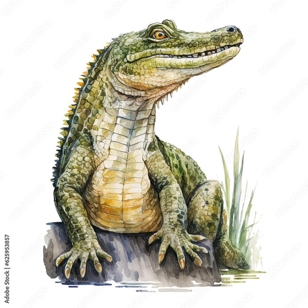 Adorable Crocodile sitting watercolor drawing, Generative AI