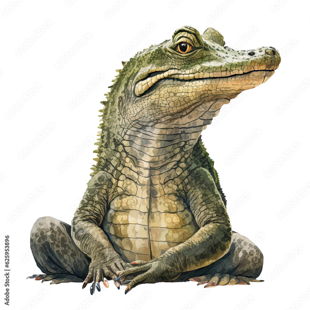 Obraz premium Adorable Crocodile sitting watercolor drawing, Generative AI