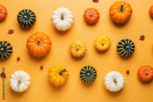 Still life of autumn decorations on a orange background. Seasonal generative AI image