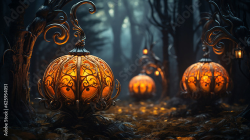 Spooky Halloween Samhain Wicca beautifully carved pumpkins in scary wood photo
