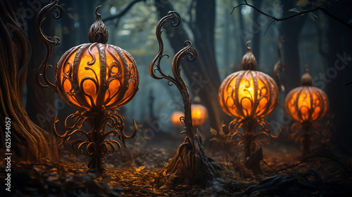 Spooky Halloween Samhain Wicca beautifully carved pumpkins in scary wood photo