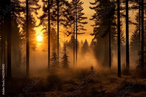 forest landscape with golden mist at sunset