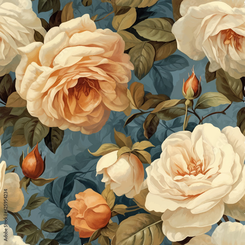 Seamless vector background with garden roses, vintage painting style.