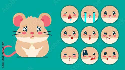 Cute hamster, set of animal emotions, tiny mouse with emoji collocation, sleeping, crying, sad, Bored, happy, excited, lovable, surprised, careless, confident, terrifled, stunned, Flat Vector avatar