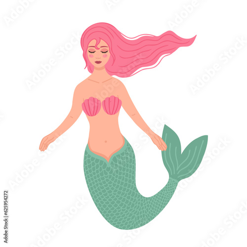 Cute mermaid with pink hair. Vector Illustration for printing, backgrounds, covers and packaging. Image can be used for greeting cards, posters, stickers and textile. Isolated on white background.