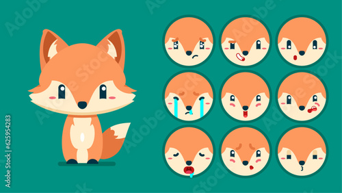 Cute fox, set of animal emotions, tiny fox with emoji collocation, sleeping, crying, sad, Bored, happy, excited, lovable, surprised, careless, confident, terrifled, stunned, Flat Vector avatar