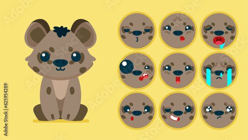 Cute hyena, set of animal emotions, tiny hyena with emoji collocation, sleeping, crying, sad, Bored, happy, excited, lovable, surprised, careless, confident, terrifled, stunned, Flat Vector avatar
