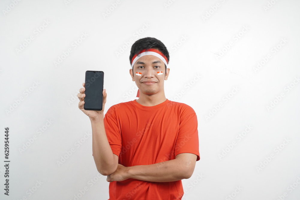 man is celebrating independence day hold blank phone screen. man is celebrating independence day hold blank phone screen.