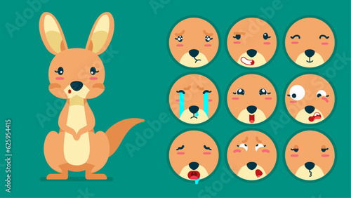Cute kangaroo, set of animal emotions, tiny kangaroo with emoji collocation, sleeping, crying, sad, Bored, happy, excited, lovable, surprised, careless, confident, terrifled, stunned, Flat Vector 