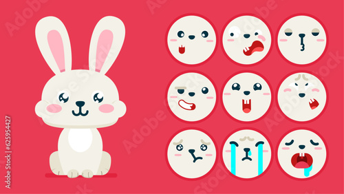 Cute rabbit, set of animal emotions, tiny rabbit with emoji collocation, sleeping, crying, sad, Bored, happy, excited, lovable, surprised, careless, confident, terrifled, stunned, Flat Vector avatar