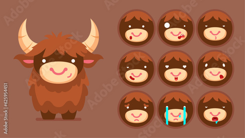 Cute Buffalo, set of animal emotions, tiny Buffalo with emoji collocation, sleeping, crying, sad, Bored, happy, excited, lovable, surprised, careless, confident, terrifled, stunned, Flat Vector avatar