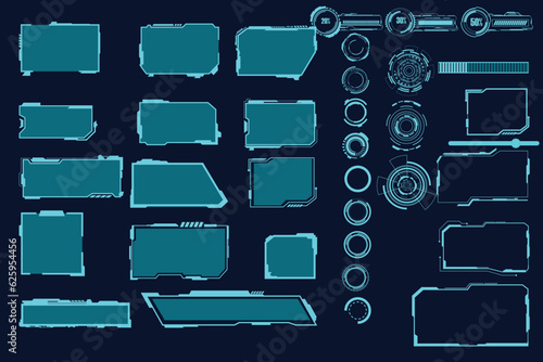 digital interface HUD elements set pack. User Interface, frame screens. Callouts titles, FUI circle set, Loading bars. Dashboard reality technology screen. Vector   © Background_GG
