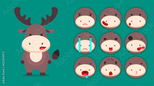Cute deer, set of animal emotions, tiny deer with emoji collocation, sleeping, crying, sad, Bored, happy, excited, lovable, surprised, careless, confident, terrifled, stunned, Flat Vector avatar