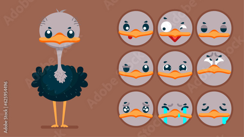 Cute ostrich, set of animal emotions, tiny ostrich with emoji collocation, sleeping, crying, sad, Bored, happy, excited, lovable, surprised, careless, confident, terrifled, stunned, Flat Vector avatar