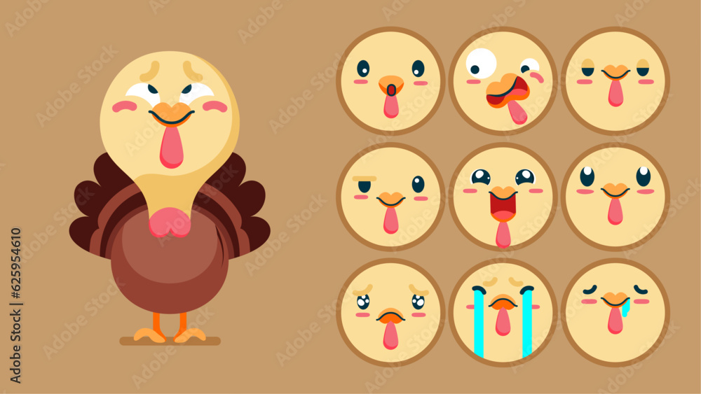 Fototapeta premium Cute turkey, set of animal emotions, tiny turkey with emoji collocation, sleeping, crying, sad, Bored, happy, excited, lovable, surprised, careless, confident, terrifled, stunned, Flat Vector avatar
