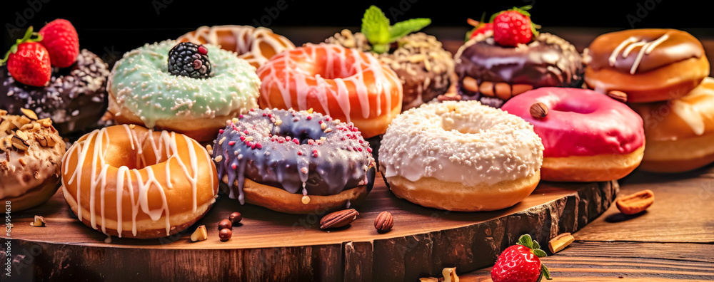 Table with various cookies, donuts, cakes on dark backround. Panorama. Generative AI Table with various cookies, donuts, cakes on dark backround. Panorama. Generative AI