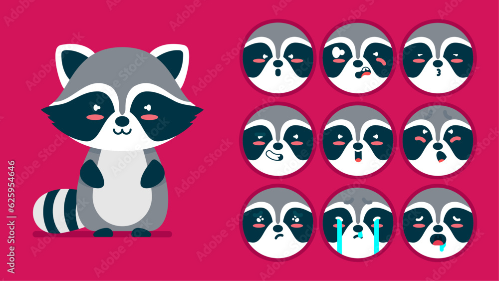 Cute raccoon, set of animal emotions, tiny raccoon with emoji collocation, sleeping, crying, sad, Bored, happy, excited, lovable, surprised, careless, confident, terrifled, stunned, Flat Vector avatar
