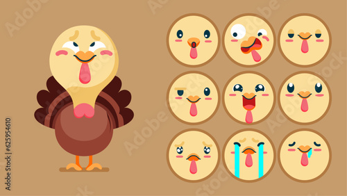 Cute turkey, set of animal emotions, tiny turkey with emoji collocation, sleeping, crying, sad, Bored, happy, excited, lovable, surprised, careless, confident, terrifled, stunned, Flat Vector avatar