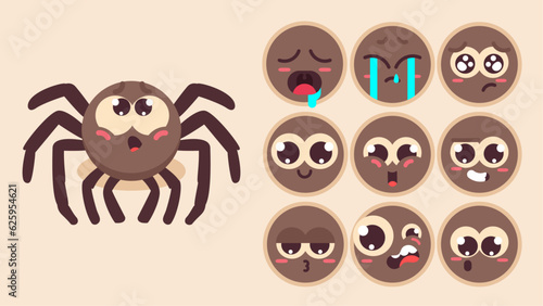 Cute spider, set of animal emotions, tiny spider with emoji collocation, sleeping, crying, sad, Bored, happy, excited, lovable, surprised, careless, confident, terrifled, stunned, Flat Vector avatar